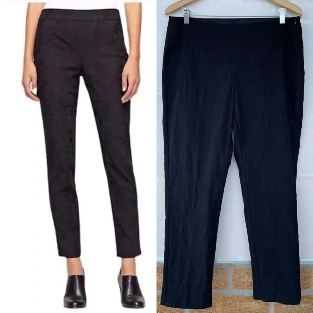 Eileen Fisher Stencil Stretch Jacquard Slim Ankle Trouser Pants Black medium